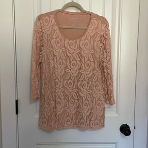 Chicos size 2 Lacy 3/4 sleeve top, lacy in front and sleeves, solid on back
